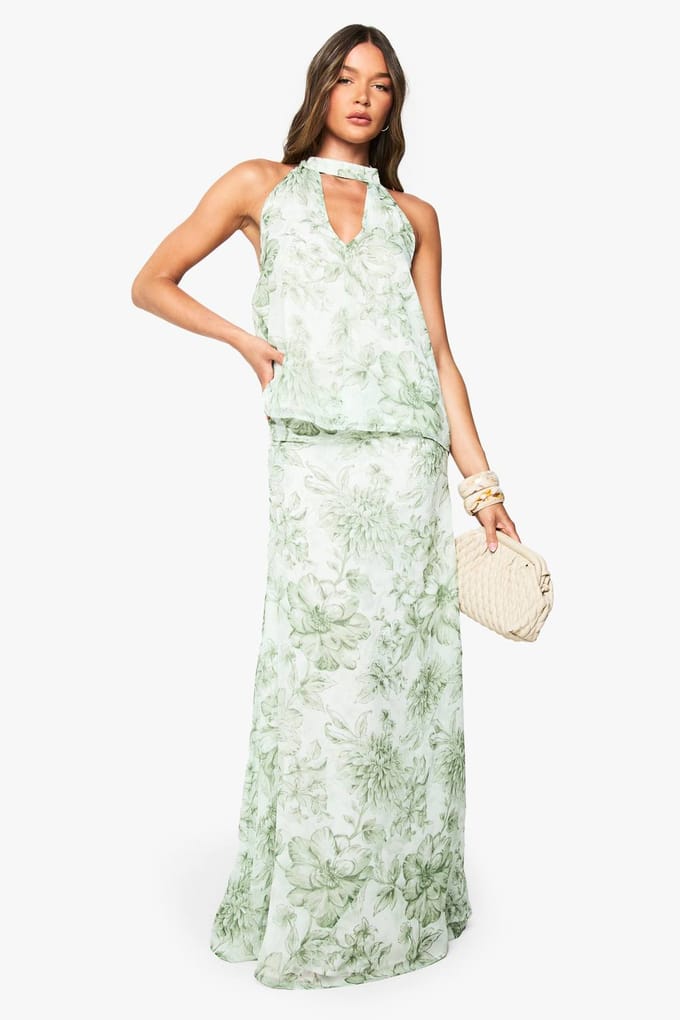 boohoo Dames Floral Chiffon Halter Neck Top | Sage | Maat: 6