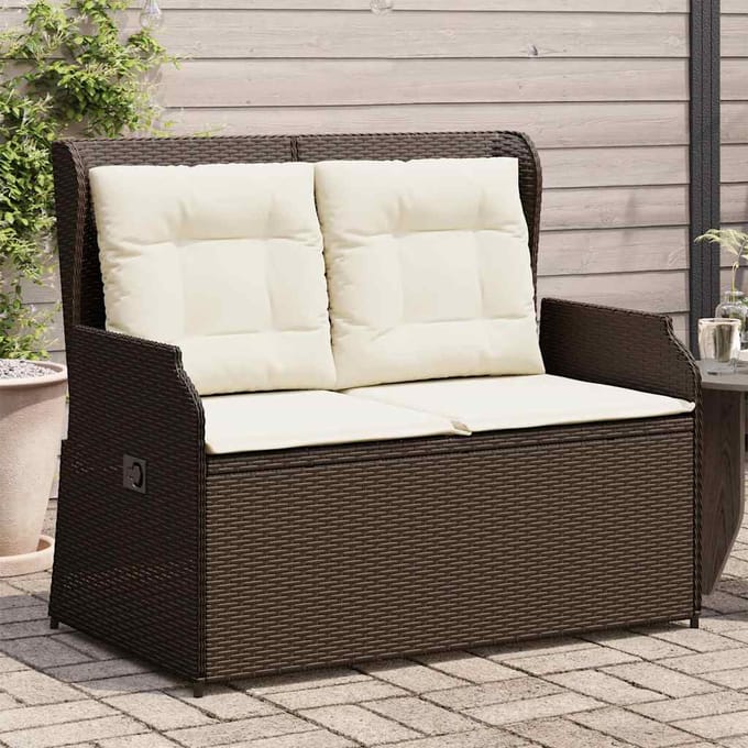 vidaXL - Tuinbankje - verstelbaar - met - kussens - poly - rattan - bruin