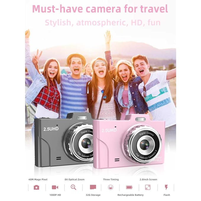 Draagbare kindercamera 1080P Compactcamera 48MP Dubbele lenzen 8 * Optische zoom Ondersteuning 32 GB TF-geheugen