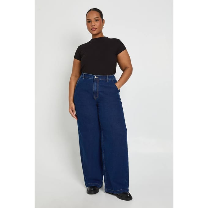 boohoo Dames Plus Elastische Achterkant Wijde Pijpen Jeans | Dark Indigo | Maat: 16