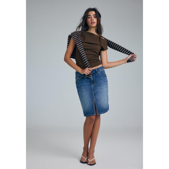 Stradivarius Denim midirok  MIDDENBLAUWE DENIM WASSING 34