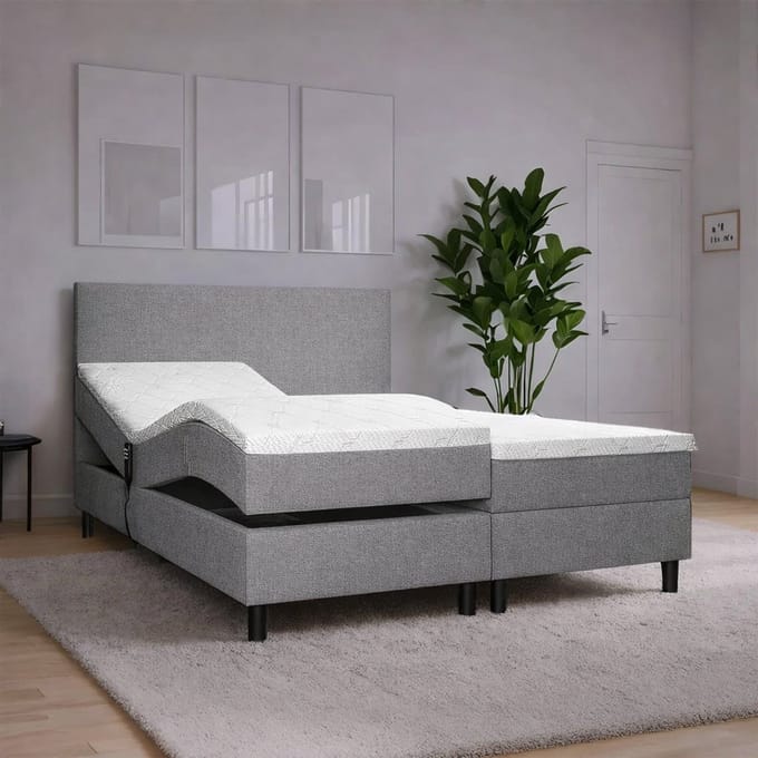 Elektrische Boxspring Simpel - 160x200 - Grijs - Pocketvering - Stof - Inclusief Splittopper - Bed compleet