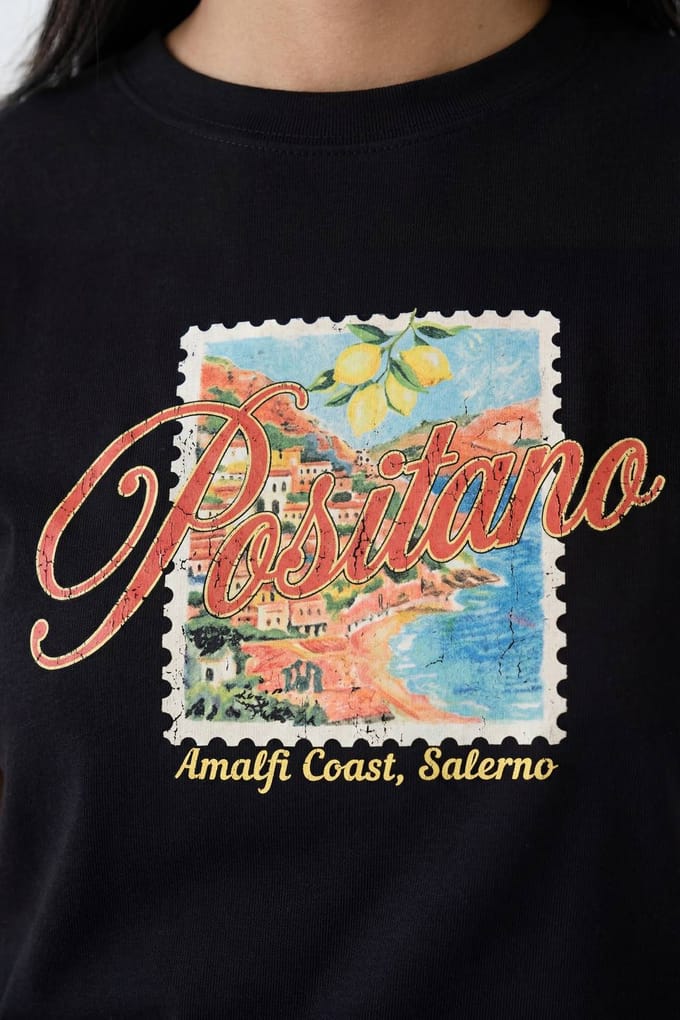 boohoo Dames Positano Postzegel Print Baby Tee | Zwart | Maat: Small