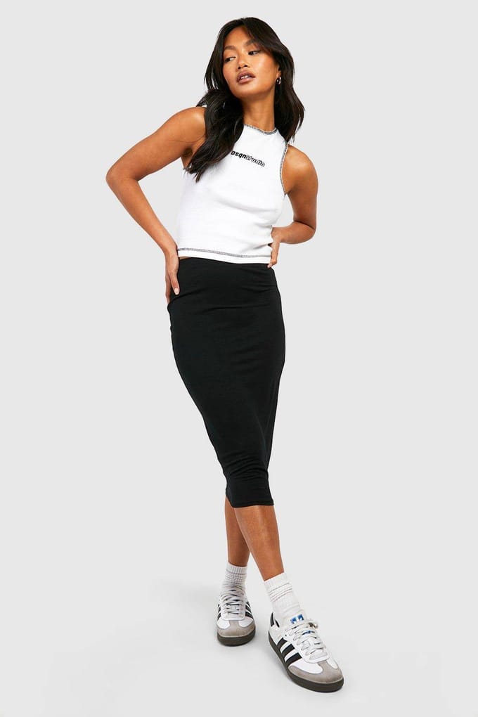 Dames Boohoo Basics Effen Zwarte Hoge Taille Midi Rok | Maat: 38