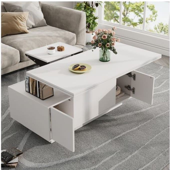 Table basse moderne - MUVOE - Double mécanisme de levage - Espace de rangement caché - Charge max. 50 kg blanc