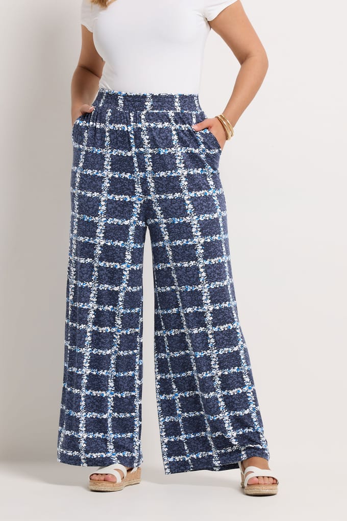 Yours Marineblauwe Geruite Broek Met Bloemenprint Size 46
