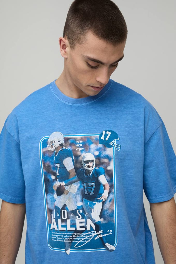 Oversized Nflpa Josh Allen Licentie Gewassen Bedrukt T-shirt | Blue | Size Medium