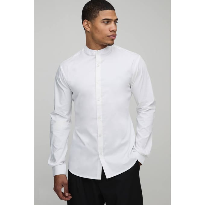 Slim Fit Overhemd met Staande Kraag van Katoen | White | Size Medium