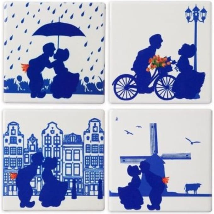 Heinen Delfts Blauw - Onderzetters 'Kussend paar' (Set van 4)
