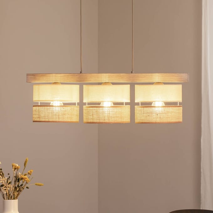 Duolla Hanglamp Treeon, 3-lamps, hout, jute, naturel/ecru