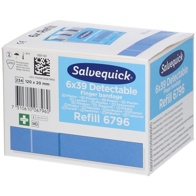 Salvequick Refill 6796 - detectable lange vingerpleister - 6 x navulling - HACCP blauw
