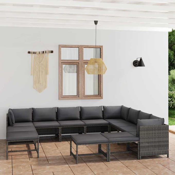 vidaXL - 12-delige - Loungeset - met - kussens - poly - rattan - grijs