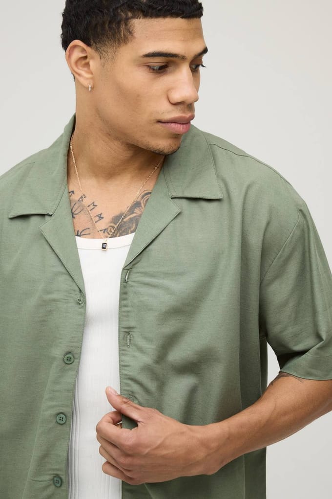 Vakantie Linnen Blend Oversized Shirt & Relaxed Broek Set | Olive | Size Small