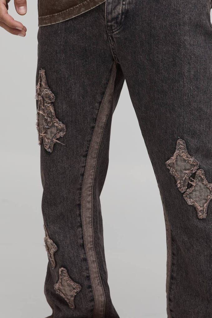 Gewassen Slim Flare Jeans Met Applicatie Panelen | Stone | Size 36