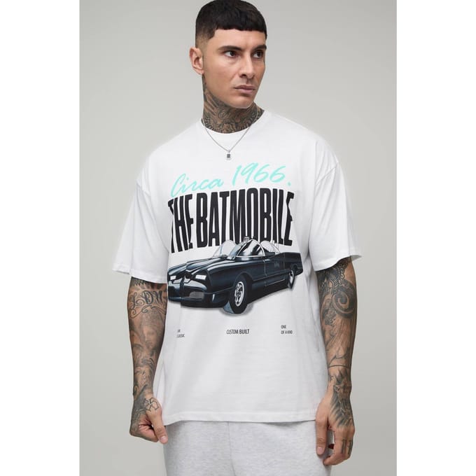 Tall The Batmobile Oversized License Print T-Shirt | White | Size Small