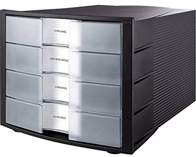 Stackbare opbergdoos met 4 grote lades voor DIN A4/C4 - Ideaal voor documentopslag - 29,5 x 36,8 x 23,5 cm - Zwart/Transparant