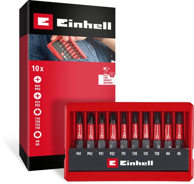 Einhell slagbitset 10-delig (50 mm bits PH/PZ/T/H, S2 staal, E 6.3 schacht, zakkoffer met standaardfunctie)