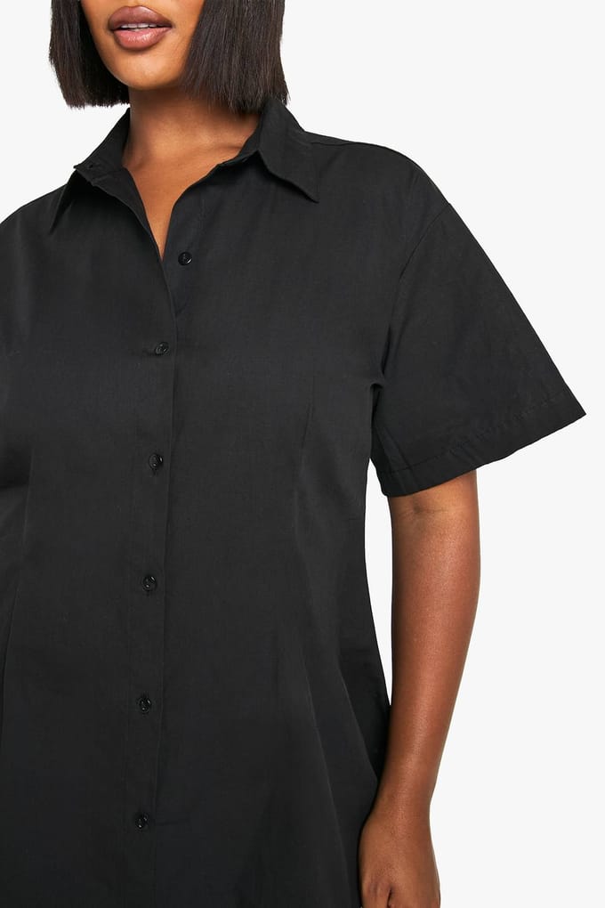boohoo Dames Plus Poplin Getailleerde Shirtjurk | Black | Maat: 24