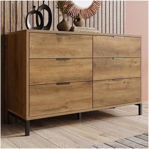 Merax Ladekast, dressoir met 6 laden, 120 x 40 x 76 cm, spaanplaat + metaal, Donker eiken