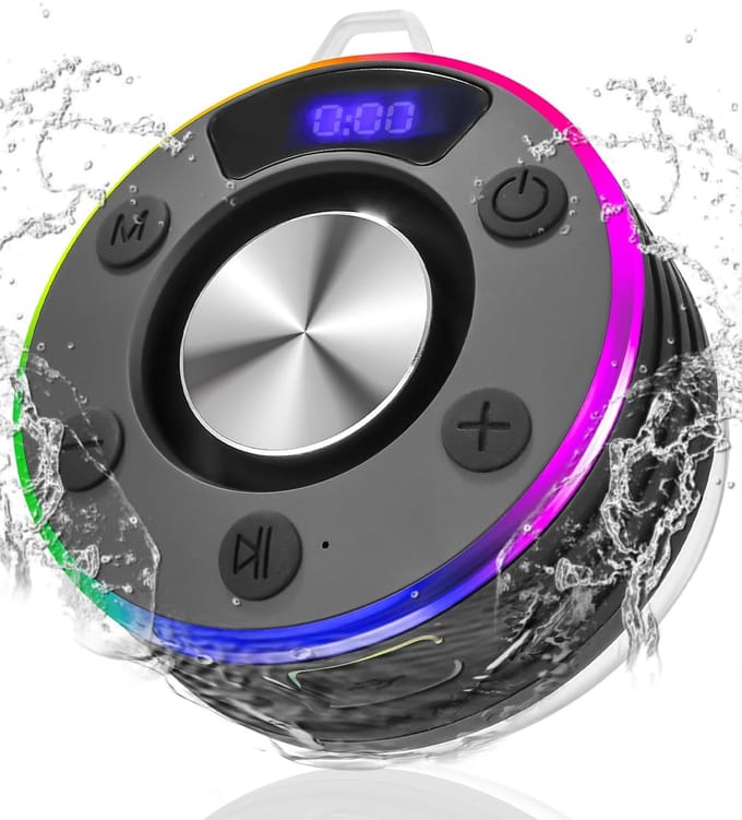 Bluetooth Speaker Klein, Douche Speaker met LED Licht, Zuignap en Microfoon, IPX7 Waterdichte Douche Radio, Muziekbox voor Strand, Feest