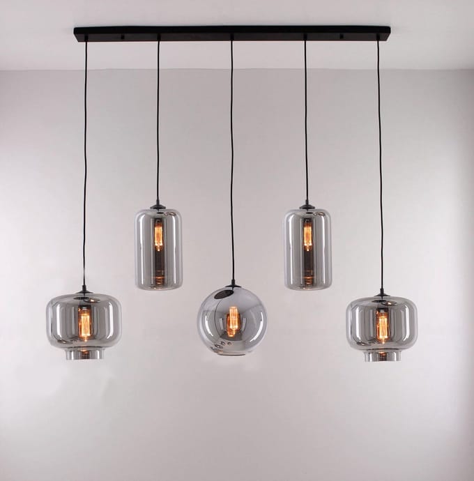 Hanglamp 5 lichts smoke rookglas 125cm