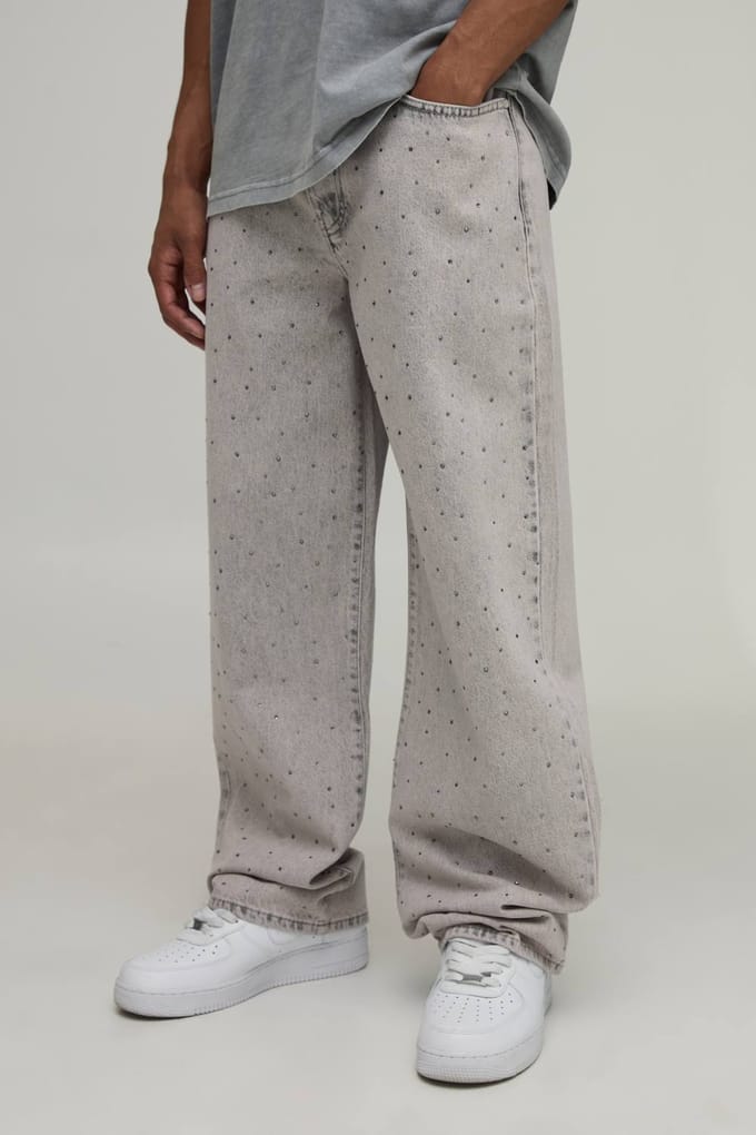 Ice Wash Jeans Met Strass Steentjes Over Het Geheel En Relaxed Pasvorm | Ice Grey | Size 32R