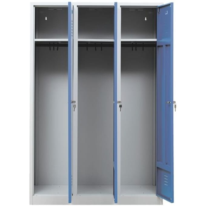 Kledinglocker, 3 deuren, cilinderslot, B 1118 x H 1800 mm lichtgrijs/blauw