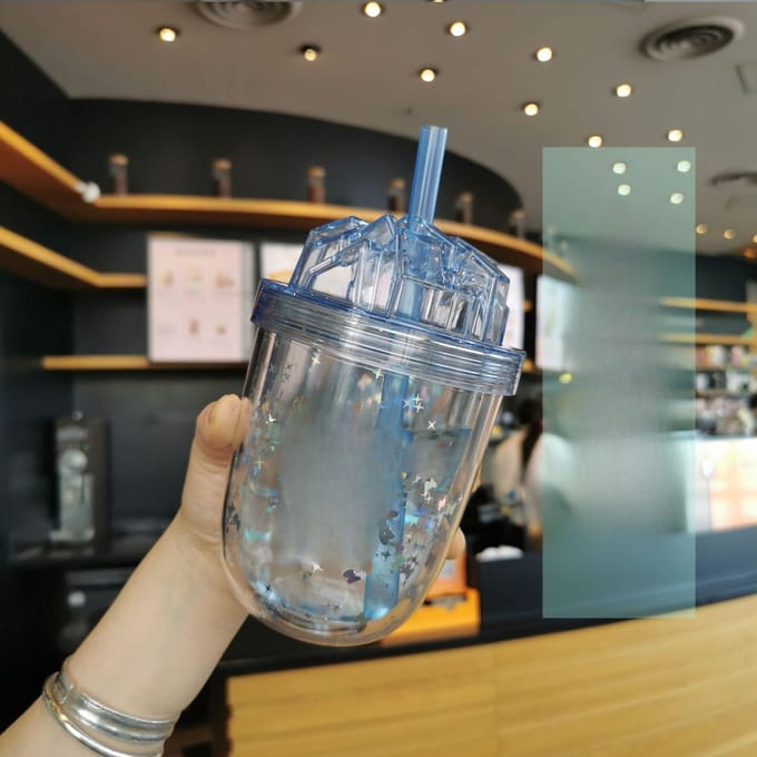 Korean Version of The Large-caliber Straw Milk Tea Cup Large-capacity Double-decker Student Couple Glitter AS Plastic Cups. 400ml