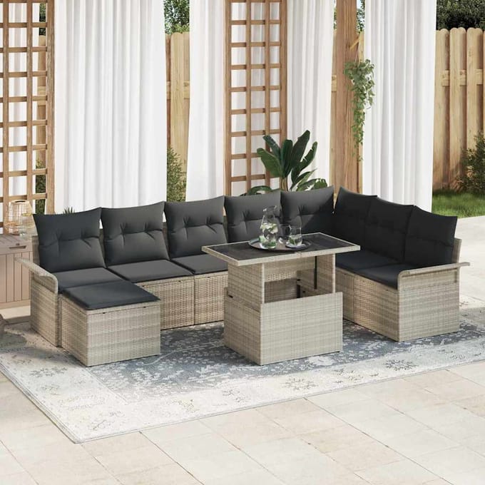 vidaXL - Bankstel - 9 - st - Lichtgrijs - poly - rattan
