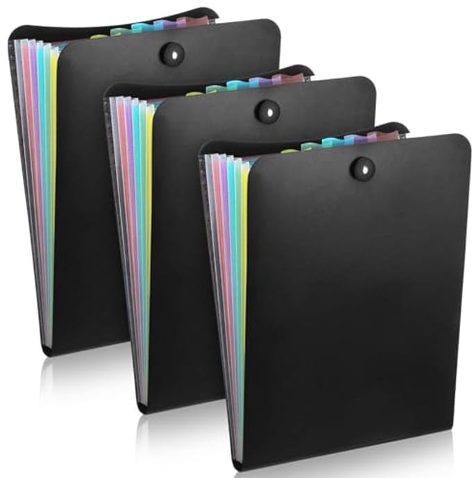 3 Pack Zwarte Verticale Bestandsmap - Uitbreidende Map met 7 Zakken voor Documenten, Kantoor en Thuis