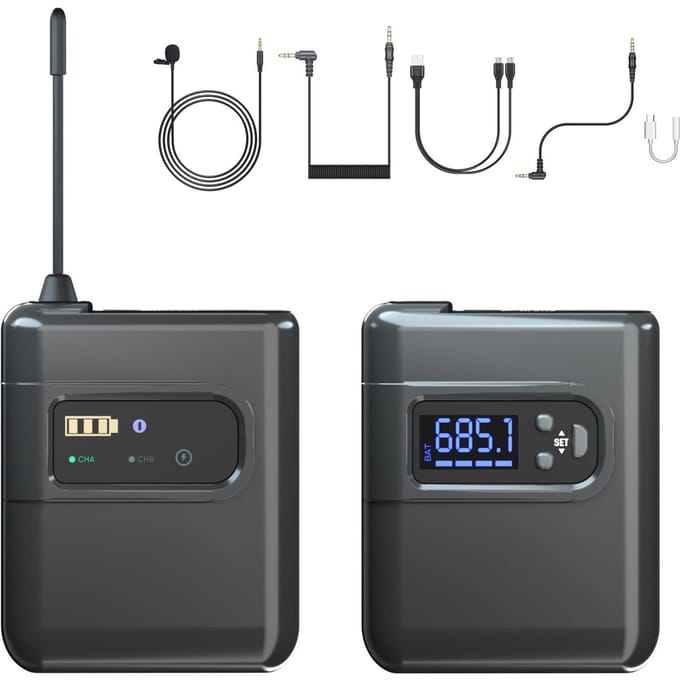 Draadloos lavalier-microfoonsysteem met 2 zenders en 1 ontvanger, omnidirectionele reversmicrofoon 1 Transmitter & 1 Receiver