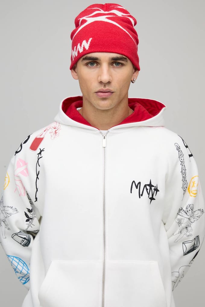Oversized Zip Through Doodle Sleeve Printed Hoodie | Ecru | Size Medium