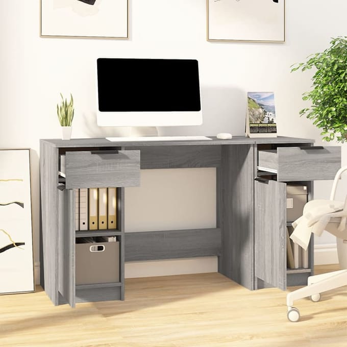 vidaXL - Bureau - met - bijzetkast - bewerkt - hout - grijs - sonoma - eikenkleurig
