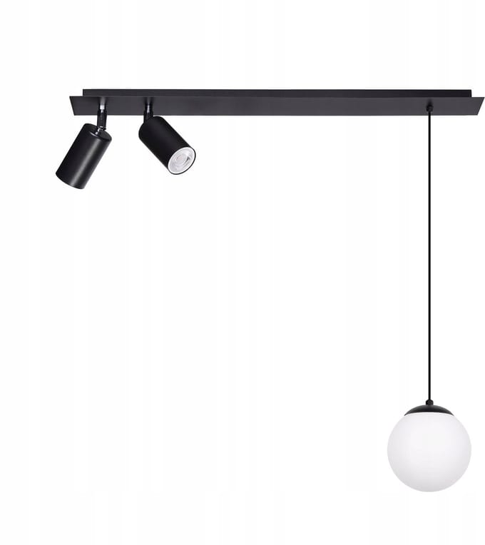 Zwarte hanglamp met melkwitte kap & 2 spotjes, GU10+E14