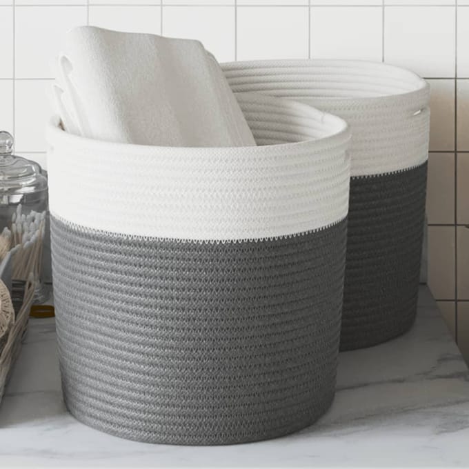 vidaXL - Opbergmanden - 2 - st - Ø - 28x28 - cm - katoen - grijs - en - wit