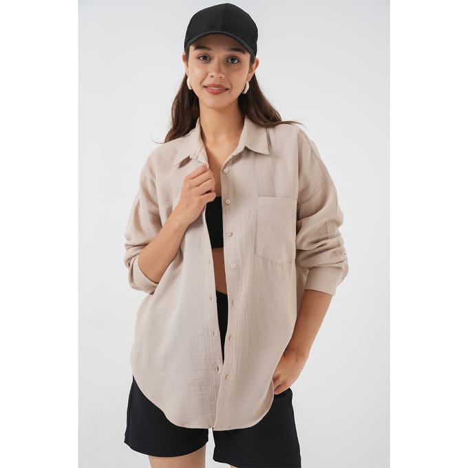 Oversized Shirt van Linnen met Zakdetails