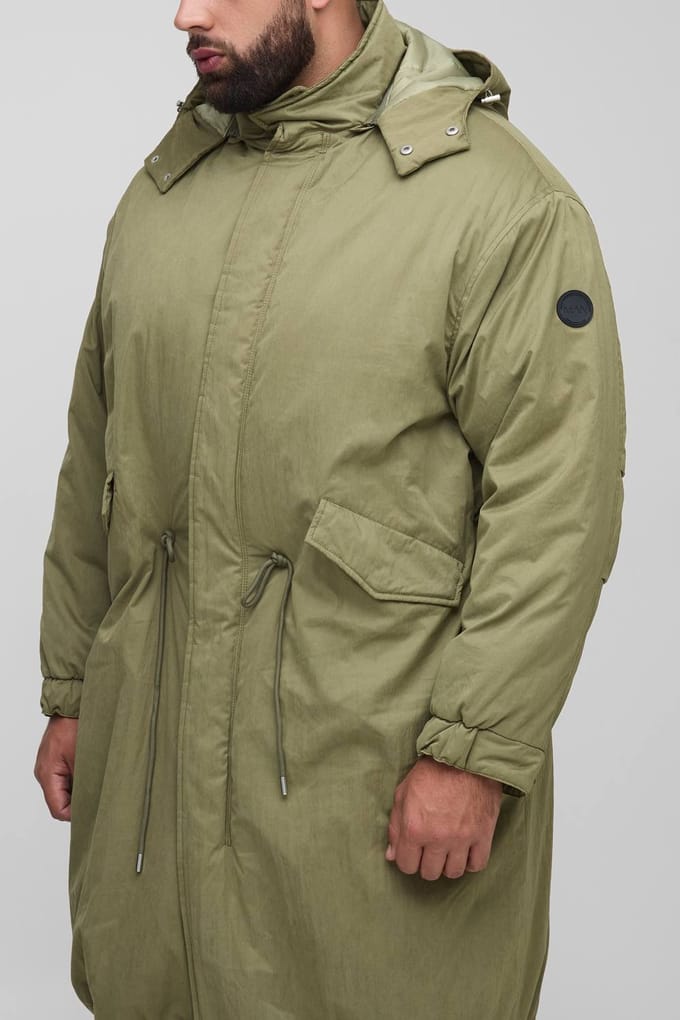 Plus Regular Fit parka-jas in geborsteld nylon met trechterkraag en middellange lengte | Khaki | Size 2XL