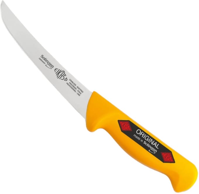 Eikaso Solingen Gebogen Uitbeenmes – Stijf Lemmet 16 cm – Ergonomisch Geel Handvat
