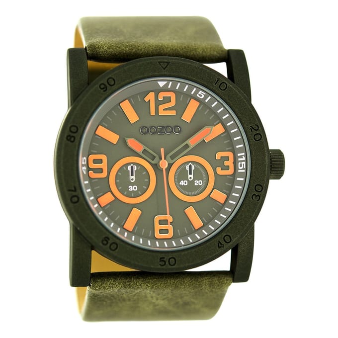 OOZOO Timepieces - Zwarte horloge met donker groene leren band - C8307