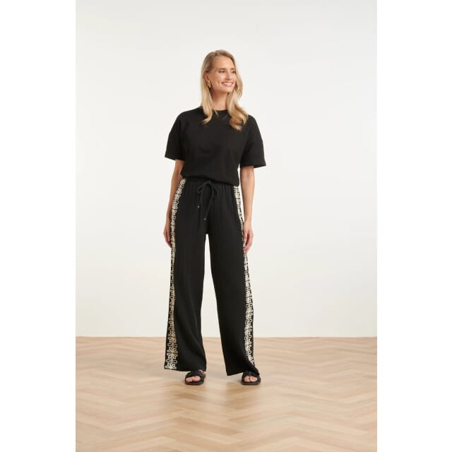 Smashed Lemon Comfortabele wide leg broek met contrasterende borduring |