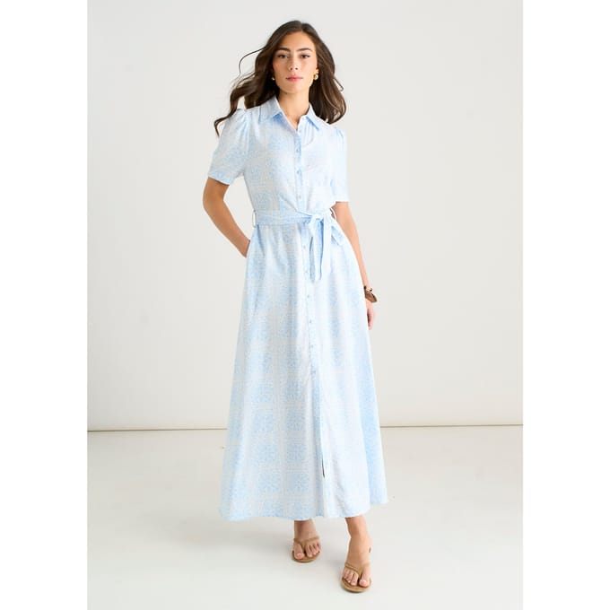 Maxi-shirtjurk van katoenmix met blauwe tegeldruk en knoopsluiting