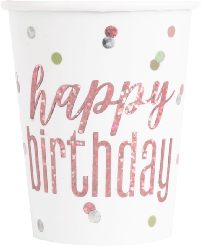 UNIQUE - 8 kartonnen bekers Happy Birthday wit en roze glitter 266 ml met stippen