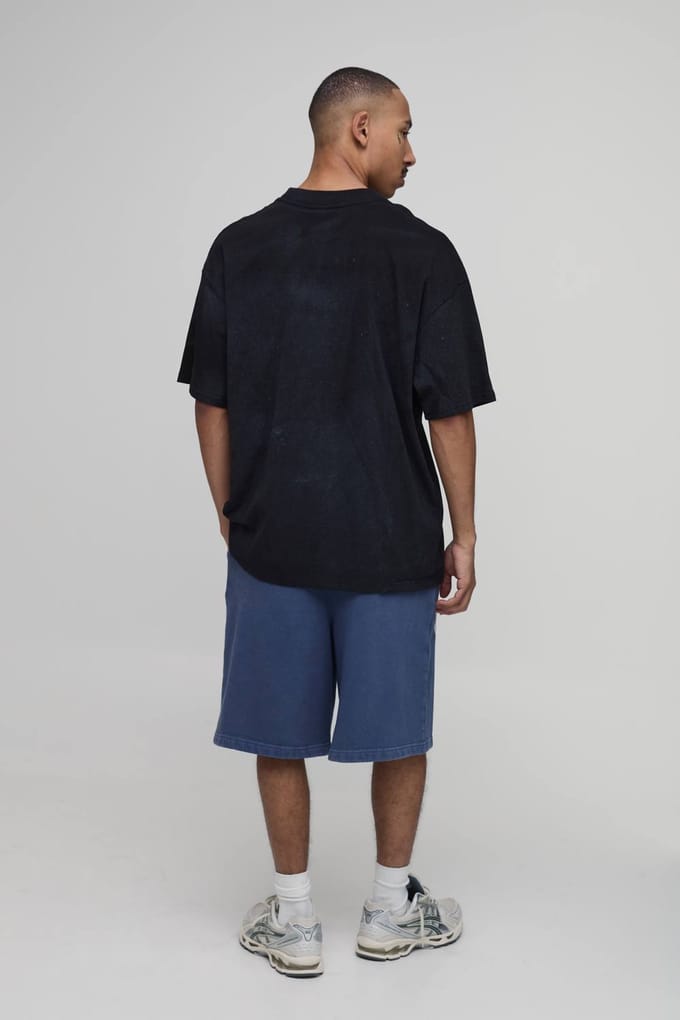 Baggy Fit Gewassen Varsity Jersey Short | Navy | Size Medium