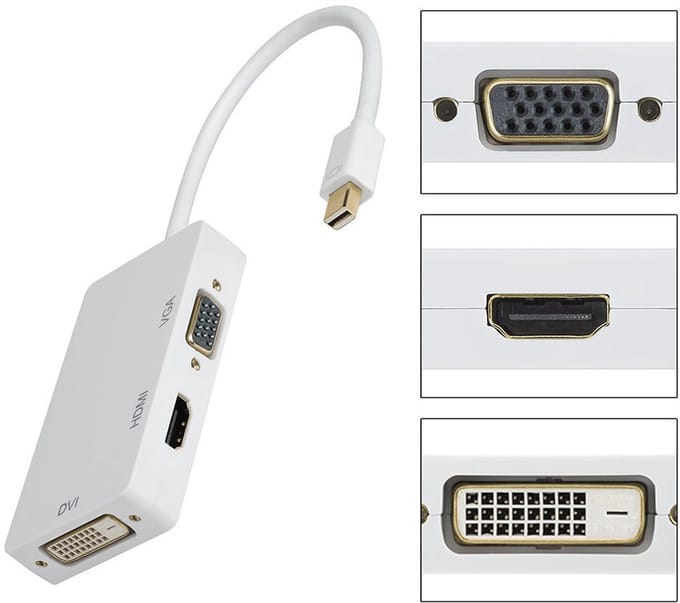 3-in-1 Splitter - DisplayPort naar HDMI/VGA/DVI adapter - Beeldconverter - Thunderbolt - Wit - Jonyx