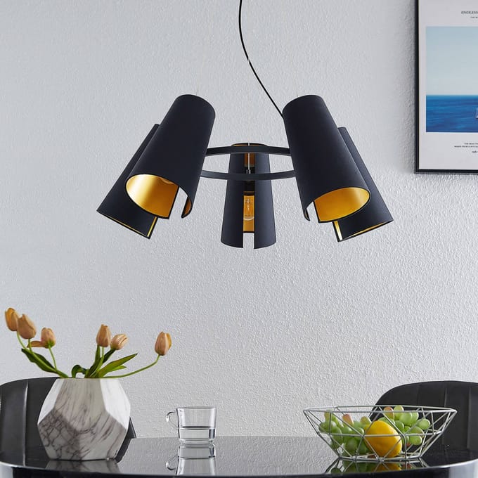 Lucande - hanglamp - 5lichts - ijzer, textiel - H: 28 cm - E27 - zwart, goud