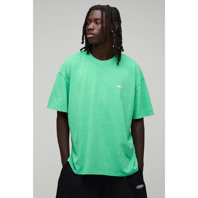 Oversized Heren Sport Geborduurd Gewassen T-shirt | Bright Green | Size Medium