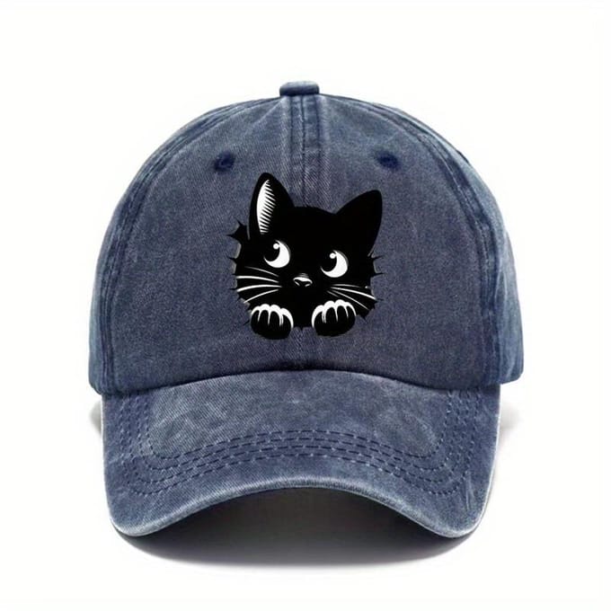 Casquette de baseball imprimée chat avec design mignon et chapeau outdoor réglable à queue (Navy Blue,Adjustable) bleu marine