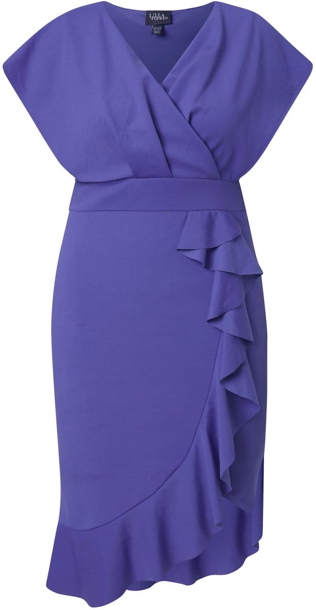 Ulla Popken - Dames - Bodycon-jersey jurk volants V-hals kapmouwen - Purper - Maat 54