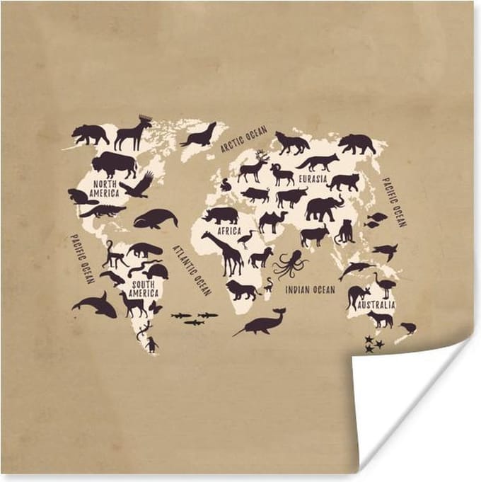 Wereldkaart Kinderen - Dieren - Bruin - 100x100 cm - Poster