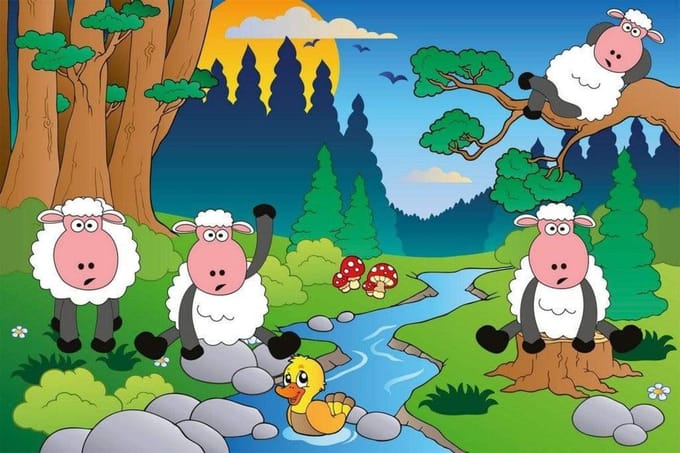 Fotobehang - Sheep in Forest 375x250cm - Vliesbehang